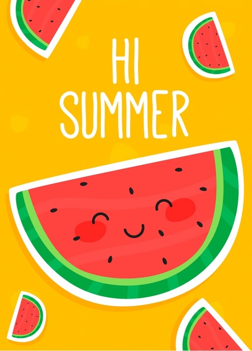 Smiling watermelon slice character with a ‘Hi Summer’ greeting on a yellow background