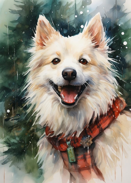 Close-up watercolor portrait of a smiling white fluffy dog wearing a red plaid scarf in snowy pines