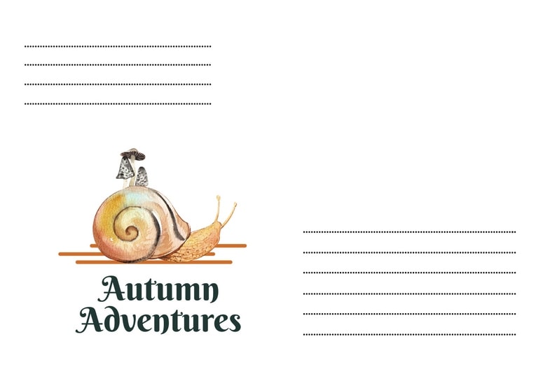 Aquarellierte Schnecke mit zwei Pilzen auf dem Haus und Schriftzug „Autumn Adventures“