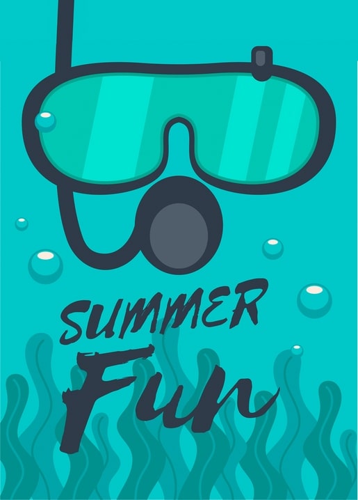Illustrated teal snorkel mask with bubbles and seaweed silhouettes