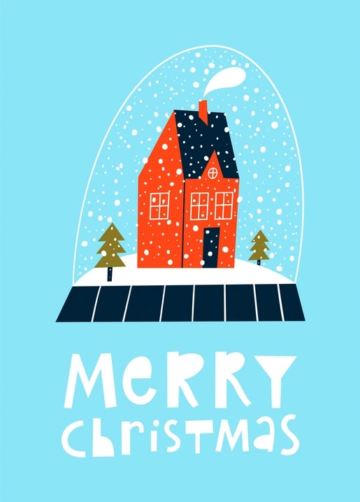 Illustrated red house with smoking chimney glowing inside a snow globe, framed by pine trees and falling snow.