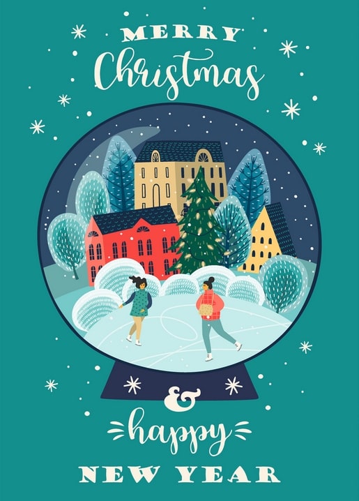Snow globe with two skaters and a winter town on a teal Christmas card