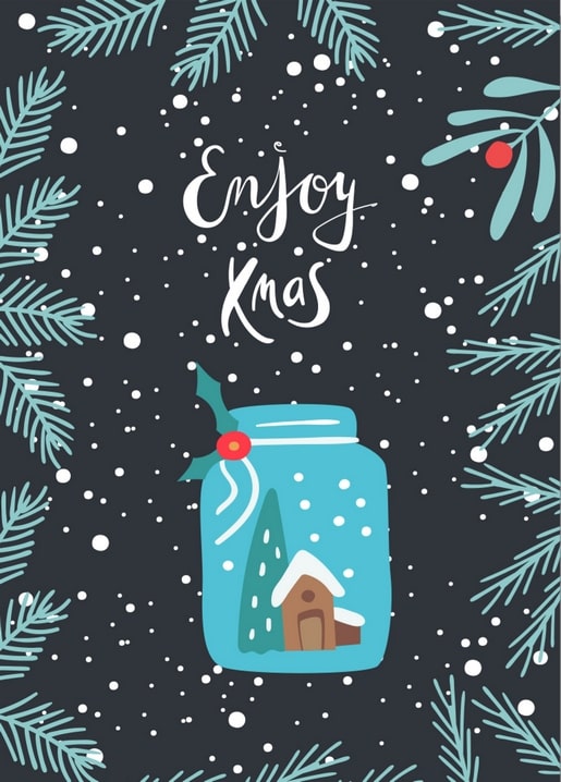 Illustrated jar snow globe with a tiny gingerbread house and fir tree framed by dark pine branches
