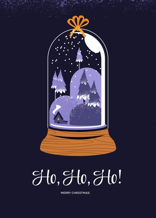 Illustrated snow globe with a snowy pine forest and glowing cabin, tied with a gold bow, on a wood base