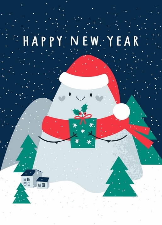 Illustration of a smiling snow spirit in a Santa hat holding a gift, beside a snowy village and pine trees