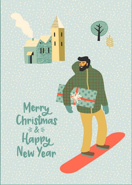 Weihnachtspostkarte: bärtiger Snowboarder trägt Geschenk an verschneiter Dorfkirche vorbei