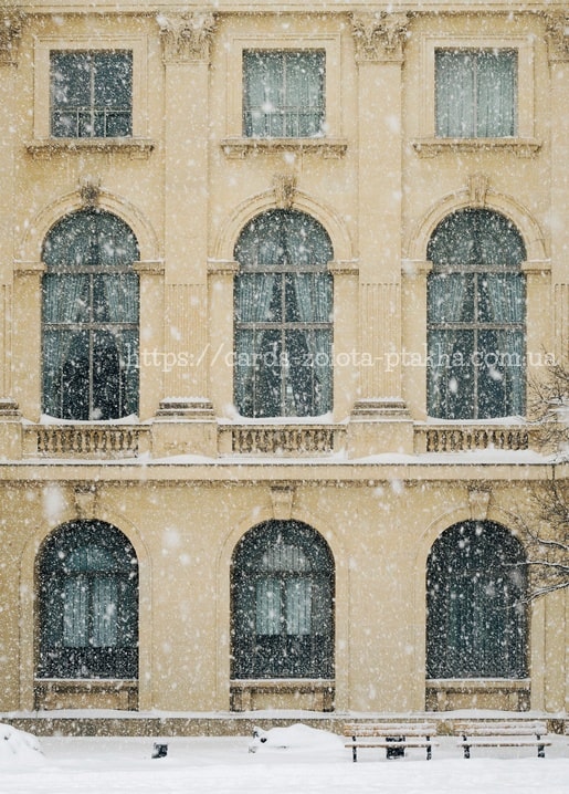 Dichter Schneefall an Bogenfenstern einer prächtigen Fassade mit leeren Bänken darunter