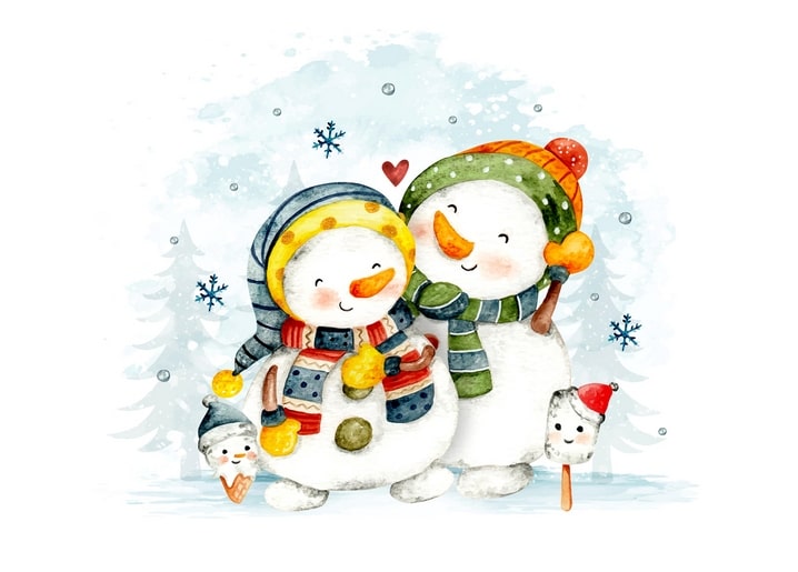 Aquarell-Schneemannpaar mit Herz zwischen sich, Schneeflocken, Tannen und ein kleiner Pinguin am Boden