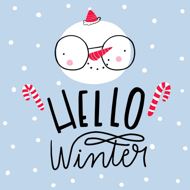 Illustrated snowman face wearing a Santa hat between two candy canes, with hand-lettered ‘Hello Winter’ text