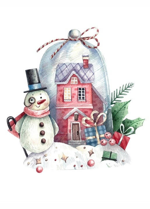 Watercolor snowman beside a glass-domed house with gifts and pine sprigs