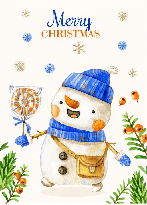 Aquarell-Schneemann mit blauem Schal hält einen gestreiften Lolli und eine Tasche neben Winterbeeren