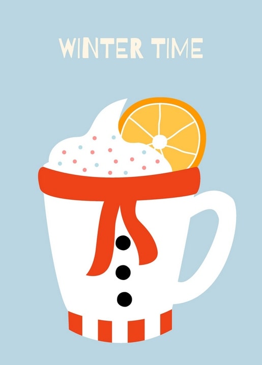 Illustration of a snowman-shaped mug with whipped cream, sprinkles, and an orange slice