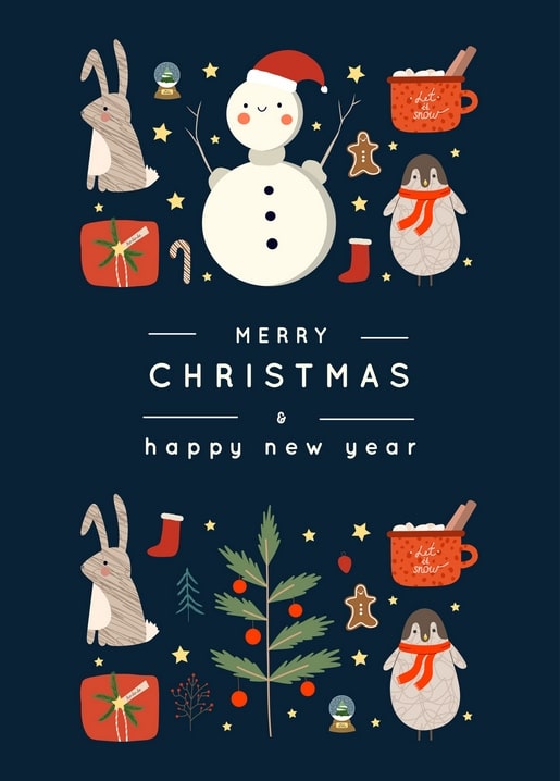 Snowman in a Santa hat with a rabbit, penguin and gingerbread man on dark blue background