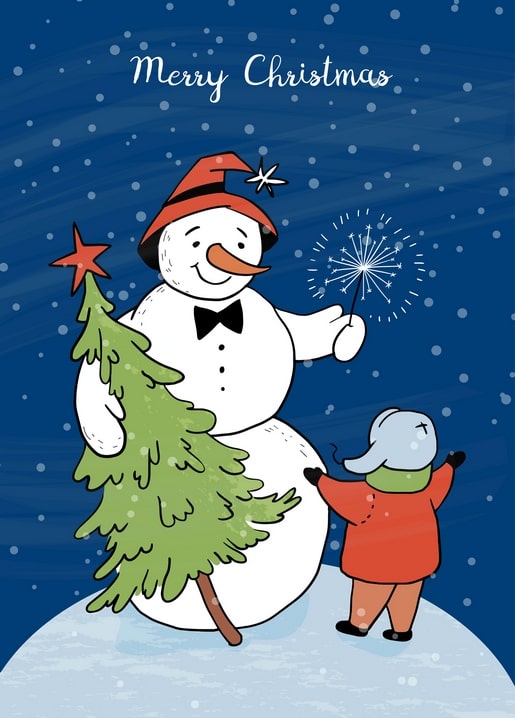 Snowman in a red hat holding a sparkler beside a bundled-up child admiring him at night
