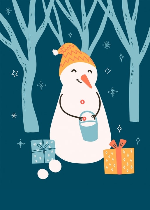 Smiling snowman in a striped hat holding a bucket beside wrapped gifts in a dark forest