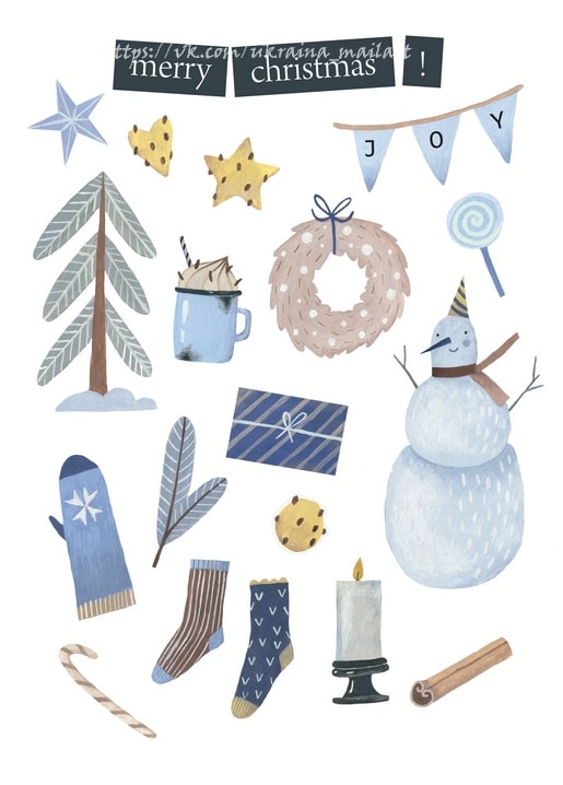 Weihnachtliche Postkarten-Illustration mit Schneemann, Tannenkranz, Kakaobecher und Fäustlingen