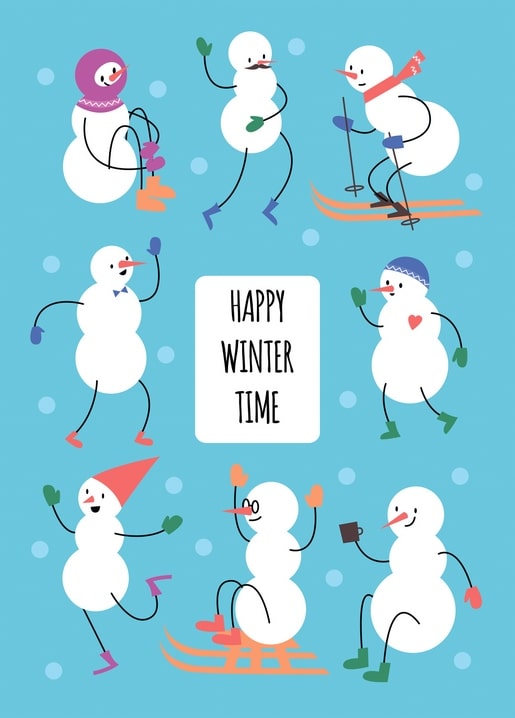 Illustration of eight snowmen skiing, sledding, dancing, and drinking cocoa around a “Happy Winter Time” sign