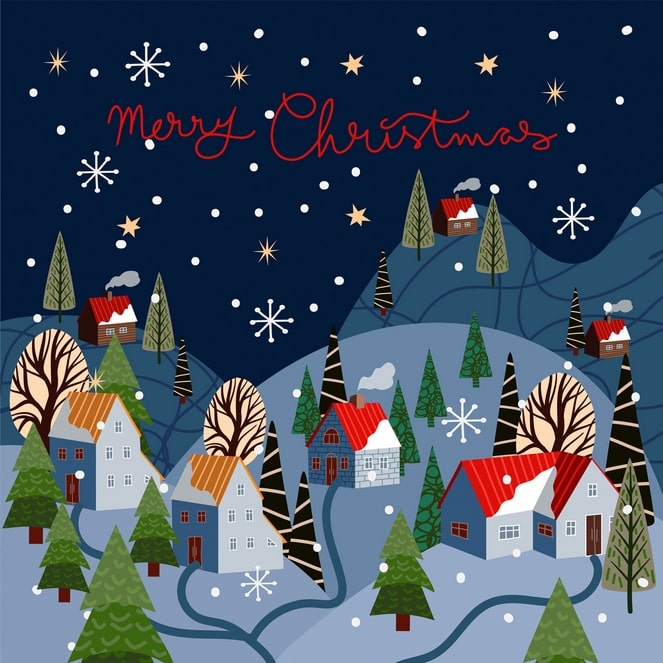 Snowy Christmas village at night with red-roofed houses and pine trees