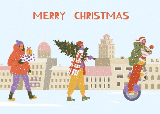 People carrying gifts, a Christmas tree and flowers through a snowy city — Merry Christmas illustration