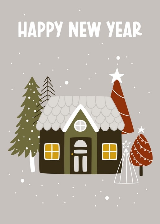 Illustration of a snow-covered cottage glowing at night beside pine trees and a lit topiary