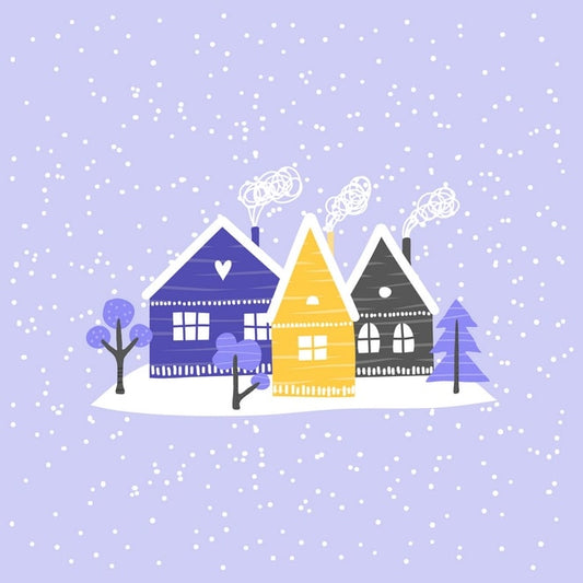 Three colorful houses with smoking chimneys under falling snow and lavender sky