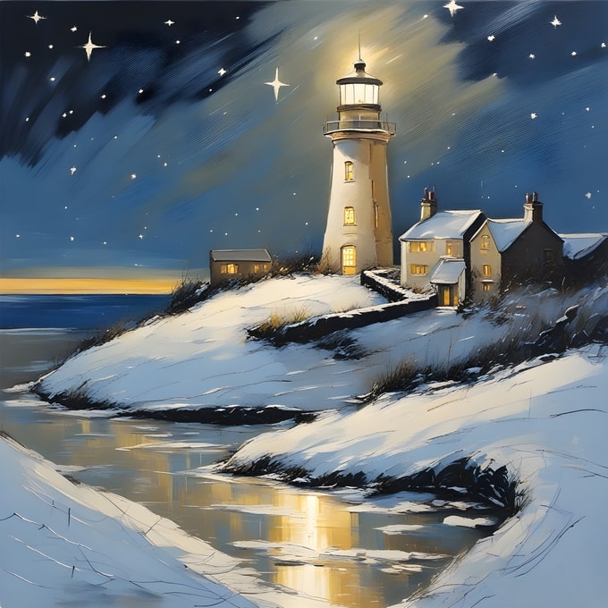 Illustrated snowy lighthouse and coastal cottages glowing at night under a starry sky