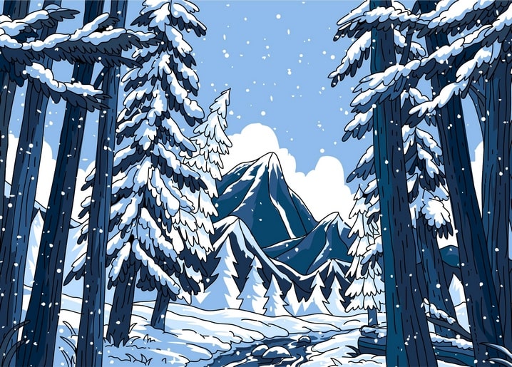 Snow-covered pine trees framing a mountain peak under falling snow