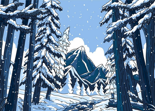 Snow-covered pine trees framing a mountain peak under falling snow