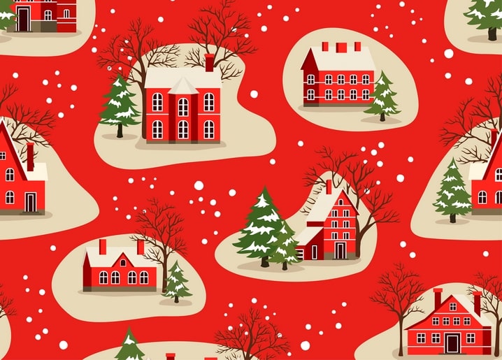 Seamless pattern of red-roofed snowy cottages and bare trees on a red background