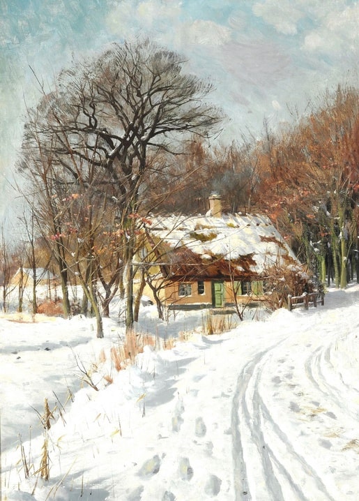 Painting of a snow-covered thatched farmhouse with smoking chimney on a Danish winter road, by Peder Mønsted