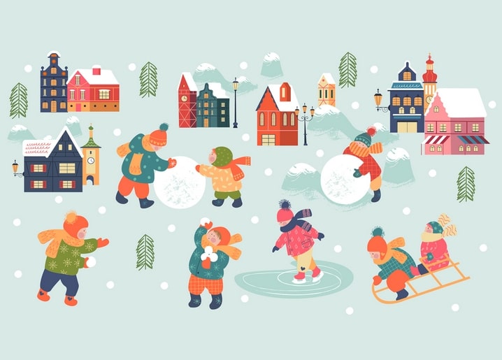 Illustrated winter town with children building snowballs, sledding, and ice skating
