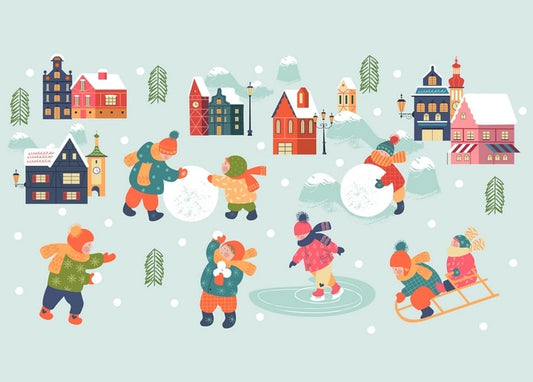 Illustrated winter town with children building snowballs, sledding, and ice skating