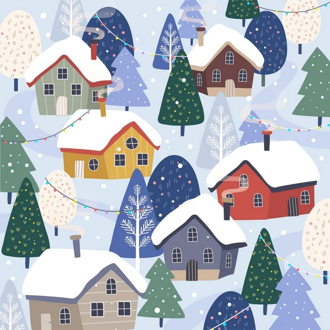Pattern of snow-covered cottages and pine trees strung with colorful lights