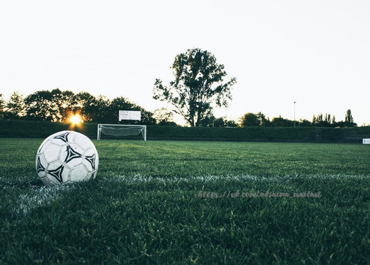Fußball am Spielfeldrand mit Tor und Bäumen bei Sonnenuntergang