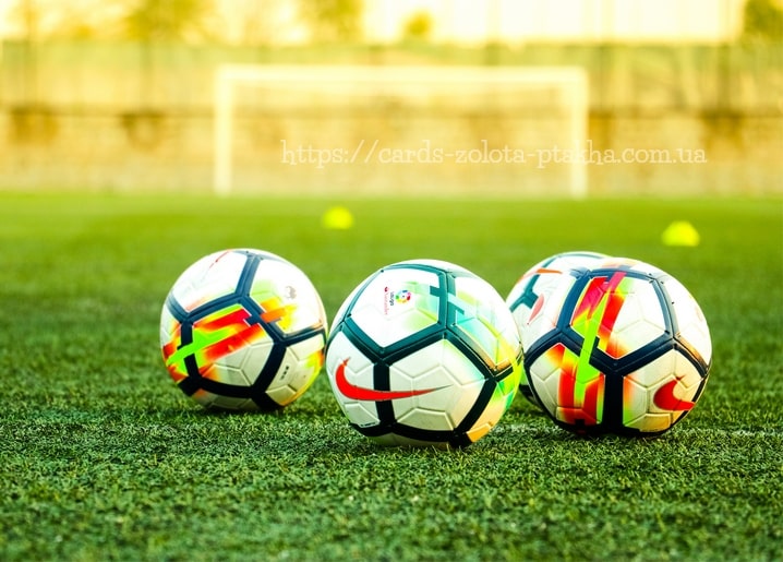 Three soccer balls resting on grass near a goal in golden sunset light
