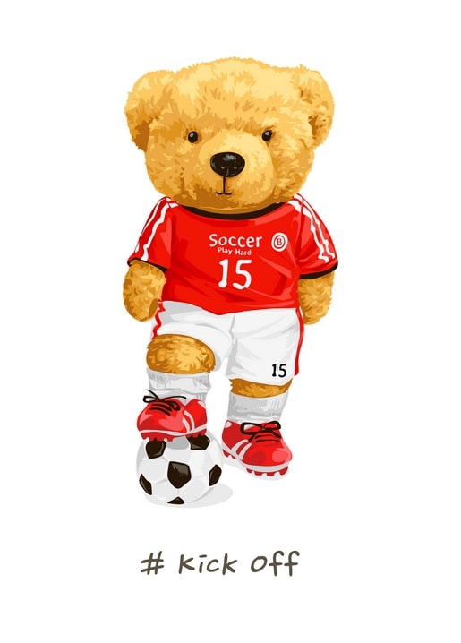 Teddybär im roten Fußballtrikot mit Nummer 15 neben einem Ball, Aufschrift „Kick Off“