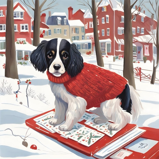 Spaniel dog in a red sweater sitting on a crate of Christmas cards in a snowy village