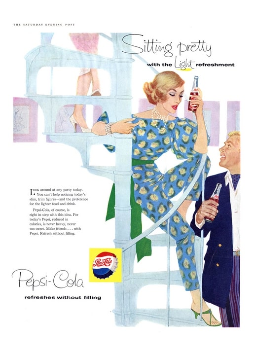 1950s Pepsi-Cola ad showing a woman in a floral jumpsuit climbing a white spiral staircase, bottle in hand