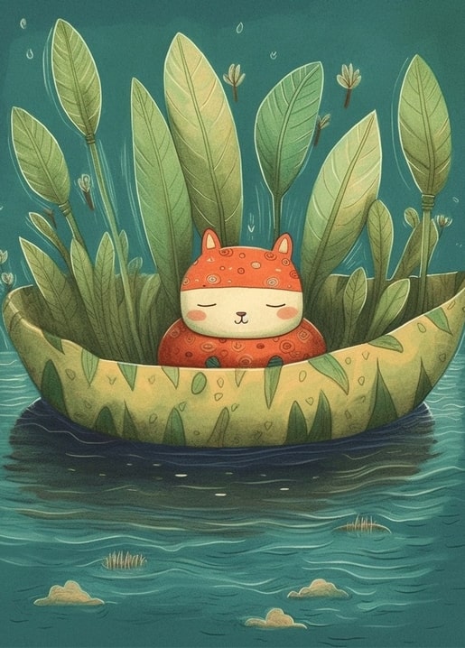 Illustrated spotted cat sleeping in a leaf-shaped boat among tall reeds on teal water