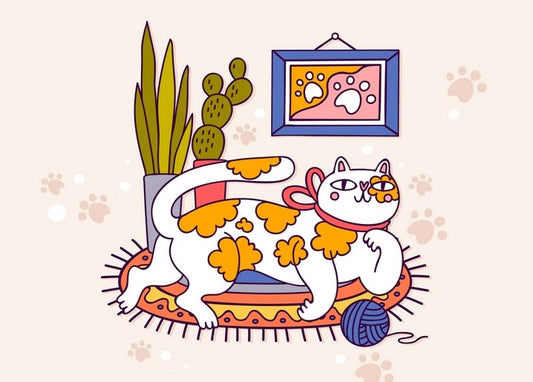 Spotted white and orange cat lying on a patterned rug beside houseplants and a yarn ball