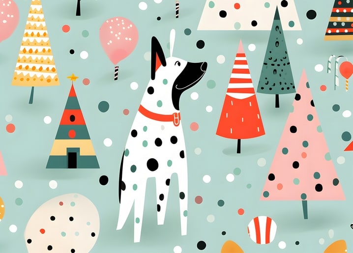 Polka-dot dog looking up among colorful whimsical Christmas trees and balloons on mint background