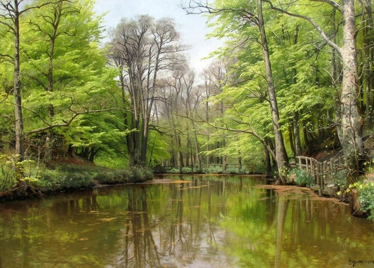 Wooden footbridge over a stream in a fresh green spring beech forest, Peder Mørk Mønsted