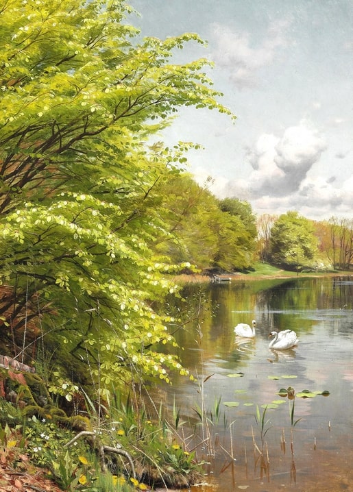 Gemälde von Peder Mønsted: Frühlingssee mit blühenden Zweigen und zwei Schwänen