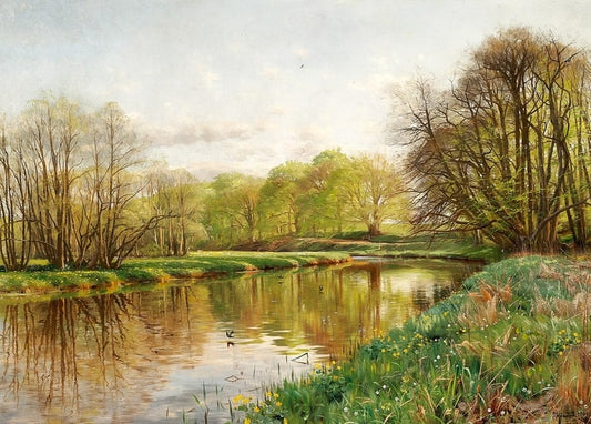 Flussufer mit gelben Sumpfdotterblumen und gespiegelten kahlen Bäumen im Frühling, Gemälde von Mønsted