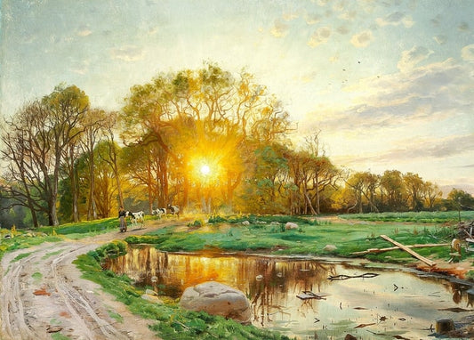 Sunset through bare oak branches with a shepherd driving cattle past a reflecting pond in early spring