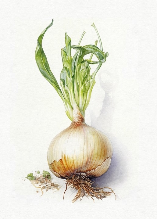 Watercolor illustration of a sprouted onion with green shoots and exposed roots on a table