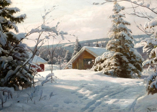 Snow-covered spruce forest with a wooden cabin and footprints in the snow
