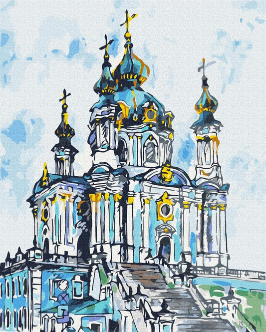 Türkis-goldene Kuppeln der Andreaskirche in Kiew, Malen-nach-Zahlen-Motiv