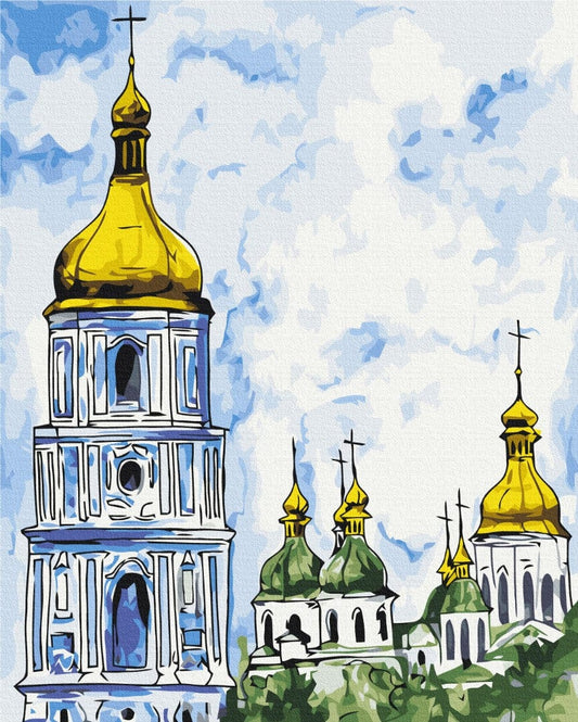 Goldener Glockenturm und grüne Kuppeln der Sophienkathedrale, Malen-nach-Zahlen-Motiv