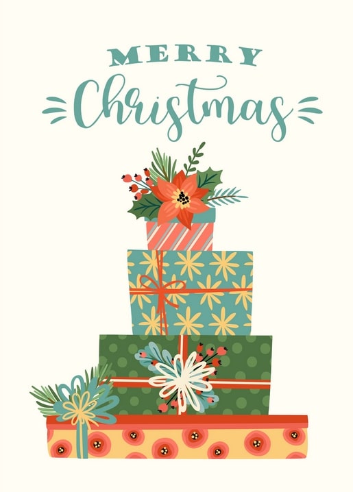 Turm aus vier verpackten Weihnachtsgeschenken mit Weihnachtsstern obenauf